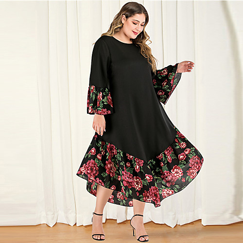 

Women's Black Dress Casual Boho Daily Going out A Line Chiffon Swing Floral Color Block Solid Color Flare Cuff Sleeve Patchwork L XL