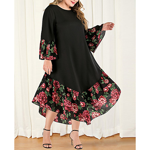

Women's Black Dress Casual Boho Daily Going out A Line Chiffon Swing Floral Color Block Solid Color Flare Cuff Sleeve Patchwork L XL