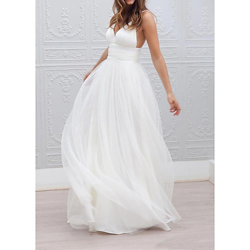 

A-Line Spaghetti Strap / Plunging Neck Floor Length Taffeta / Tulle / Chiffon Over Satin Sleeveless Country Plus Size Wedding Dresses with Buttons / Ruched 2020