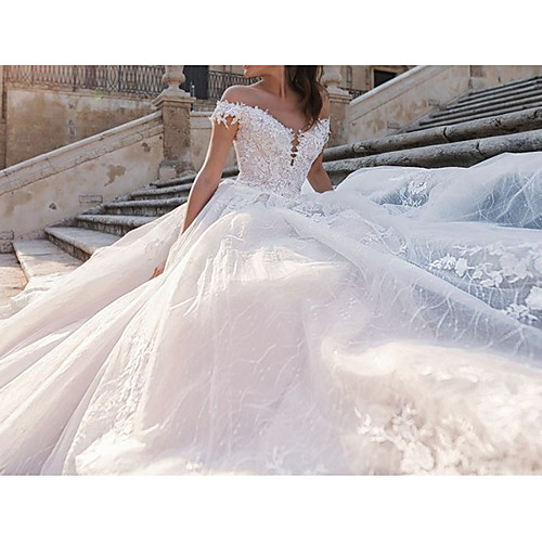 

Ball Gown Wedding Dresses Off Shoulder Watteau Train Lace Tulle Sleeveless Country Plus Size with Draping Appliques 2020