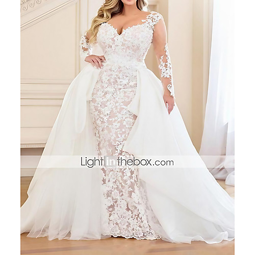 

Mermaid / Trumpet V Neck Sweep / Brush Train Lace / Organza Long Sleeve Country Plus Size Wedding Dresses with Lace / Embroidery / Cascading Ruffles 2020