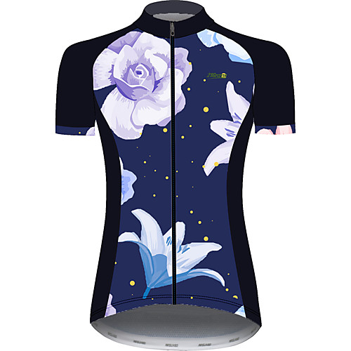 

21Grams Women's Short Sleeve Cycling Jersey Black / Blue Floral Botanical Bike Jersey Top Mountain Bike MTB Road Bike Cycling UV Resistant Breathable Quick Dry Sports Clothing Apparel / Stretchy