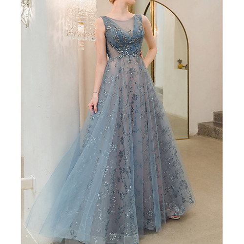 

A-Line Jewel Neck Floor Length Polyester Sexy / Blue Prom / Formal Evening Dress with Sequin 2020