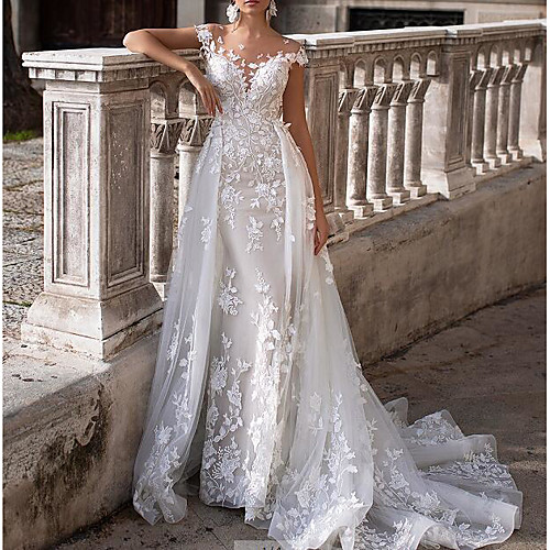 

A-Line Wedding Dresses V Neck Sweep / Brush Train Polyester Cap Sleeve Country Plus Size with Embroidery Appliques 2020