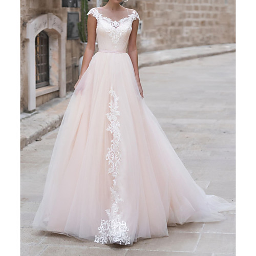 

A-Line Jewel Neck Sweep / Brush Train Lace / Taffeta / Chiffon Over Satin Short Sleeve Country Plus Size Wedding Dresses with Appliques 2020