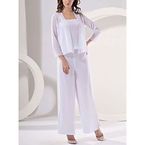 

Pantsuit / Jumpsuit Square Neck Floor Length Chiffon Long Sleeve Elegant Mother of the Bride Dress with Split Front Mother's Day 2020