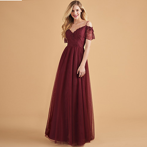 

A-Line Spaghetti Strap Floor Length Chiffon Empire / Red Wedding Guest / Prom Dress with Pleats 2020