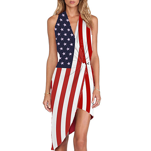 

Women's Asymmetrical Shift Dress - Sleeveless Flag V Neck Red M L XL XXL XXXL