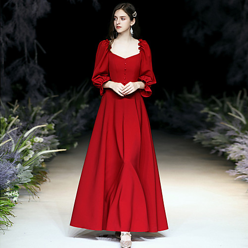 

A-Line Scoop Neck Floor Length Spandex Minimalist / Red Wedding Guest / Prom Dress with Buttons / Ruffles 2020