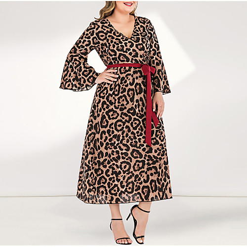 

Women's Yellow Dress Casual Daily A Line Loose Sheath Leopard Flare Cuff Sleeve Pleated Patchwork L XL