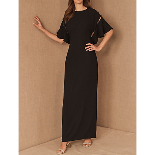 

Sheath / Column Jewel Neck Floor Length Chiffon Short Sleeve Elegant Mother of the Bride Dress with Ruffles Mother's Day 2020