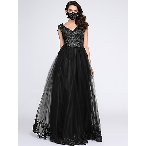 

A-Line V Neck Floor Length Lace / Tulle Elegant / Black Party Wear / Prom Dress with Beading / Lace Insert 2020