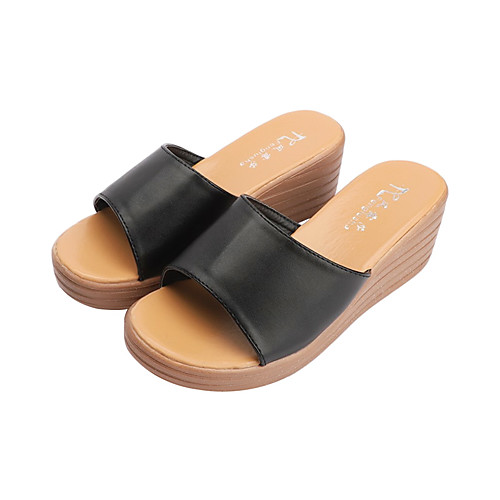 

Women's Slippers & Flip-Flops Wedge Heel Open Toe PU Casual Summer White / Black