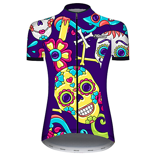 

21Grams Women's Short Sleeve Cycling Jersey 100% Polyester Violet Skull Floral Botanical Bike Jersey Top Mountain Bike MTB Road Bike Cycling UV Resistant Breathable Quick Dry Sports Clothing Apparel