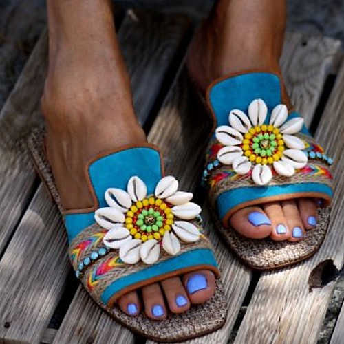 

Women's Sandals Summer Flat Heel Open Toe Boho Daily Beach PU Blue