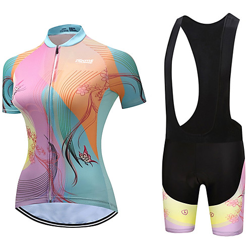 

21Grams Women's Short Sleeve Cycling Jersey with Bib Shorts White Black Stripes Butterfly Floral Botanical Bike Clothing Suit Breathable 3D Pad Quick Dry Ultraviolet Resistant Reflective Strips Sports