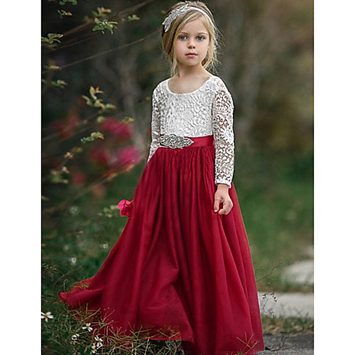 

A-Line Floor Length Event / Party / Birthday Flower Girl Dresses - POLY Long Sleeve Jewel Neck with Lace / Sash / Ribbon / Pleats