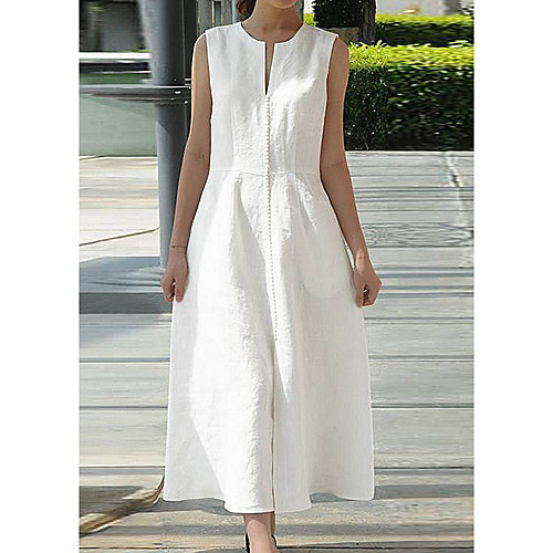 

Women's Maxi Shirt Dress - Sleeveless Solid Color V Neck White Black S M L XL XXL