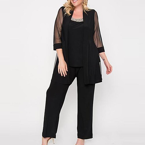 

Pantsuit / Jumpsuit Jewel Neck Floor Length Chiffon 3/4 Length Sleeve Sexy Mother of the Bride Dress with Beading Mother's Day 2020