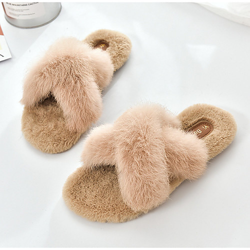

Women's Slippers & Flip-Flops Flat Heel Open Toe Rabbit Fur Summer Black / Beige
