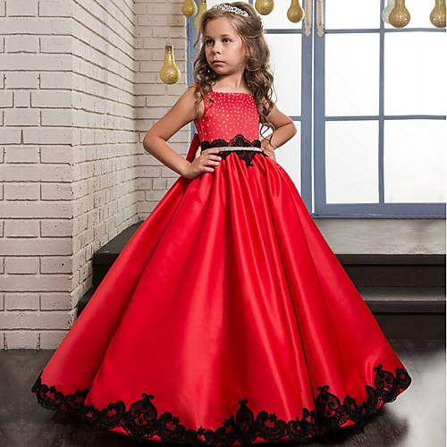 

A-Line Square Neck Floor Length Cotton Junior Bridesmaid Dress with Bow(s) / Crystals / Appliques