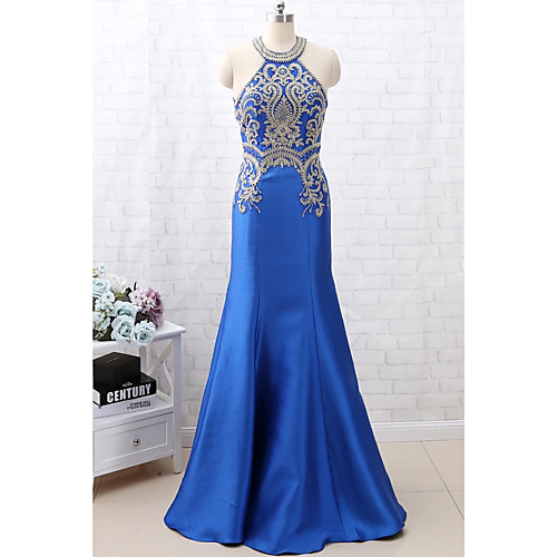 

Mermaid / Trumpet Luxurious Sparkle Engagement Formal Evening Dress Halter Neck Sleeveless Floor Length Satin with Crystals Beading 2020