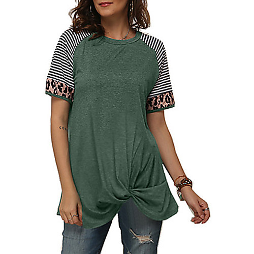 

Women's Going out Weekend Basic / Elegant Cotton Loose Tunic - Striped / Leopard Black & White, Patchwork / Print Green