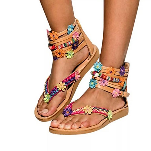

Women's Sandals Summer Flat Heel Open Toe Boho Daily Beach PU Rainbow
