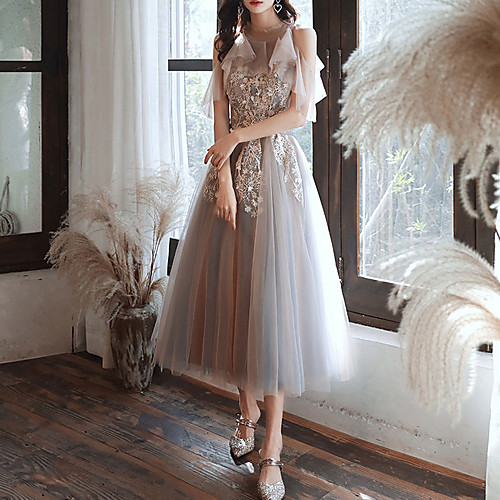 

Appliques A-Line Color Block Floral Cold Shoulder Halter Neck Ankle Length Tulle Engagement Prom Dress
