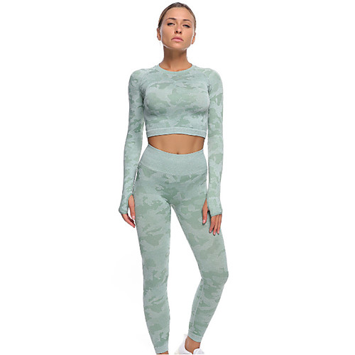 

Women's 2pcs Tracksuit Yoga Suit Winter Cut Out Camo / Camouflage Purple Green Black Yoga Running Fitness Leggings Crop Top Clothing Suit Long Sleeve Sport Activewear Breathable Moisture Wicking Butt