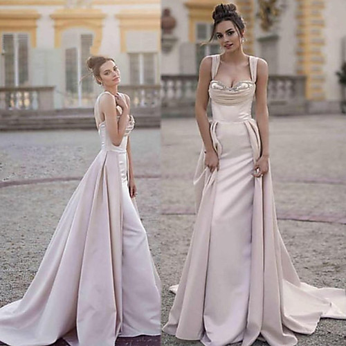 

A-Line Scoop Neck Sweep / Brush Train Satin Elegant Formal Evening Dress with Ruched 2020