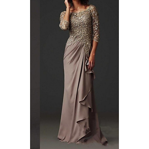 

Modest Elegant Lace Mother Of The Bride Dress Scoop Neck Sheath Formal Evening Gown Wedding Guest Outfits With Ruffles 2020