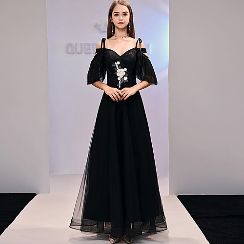 

A-Line Floral Black Engagement Formal Evening Dress Sweetheart Neckline Half Sleeve Floor Length Tulle with Lace Insert Appliques 2020