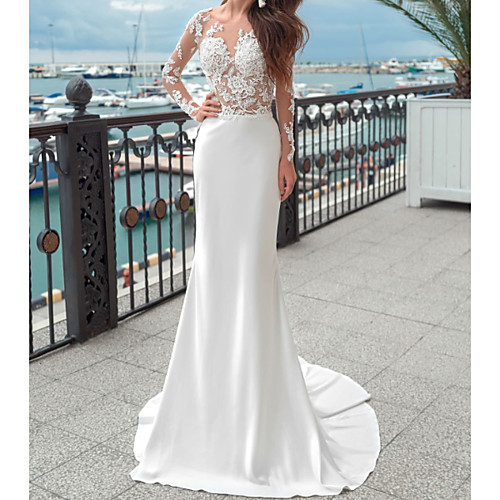 

Mermaid / Trumpet Wedding Dresses Jewel Neck Sweep / Brush Train Lace Polyester Long Sleeve Country Plus Size with Embroidery Appliques 2020
