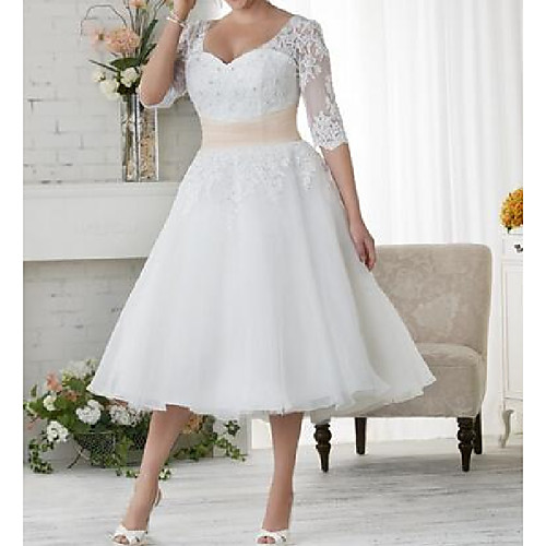 

Ball Gown / A-Line Scoop Neck Tea Length Lace / Tulle Half Sleeve Country Plus Size Wedding Dresses with Lace / Cascading Ruffles 2020