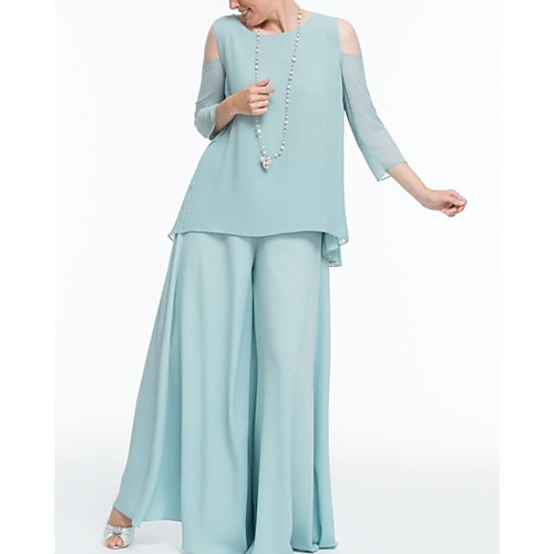 

Pantsuit / Jumpsuit Jewel Neck Floor Length Chiffon 3/4 Length Sleeve Elegant Mother of the Bride Dress with Ruching Mother's Day 2020