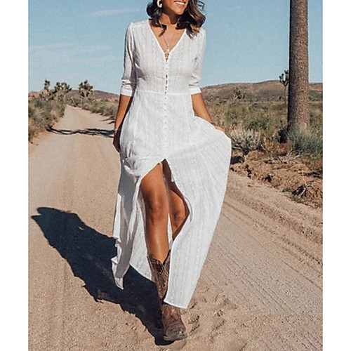 

Women's Maxi White Dress Sheath Solid Color Deep V S M
