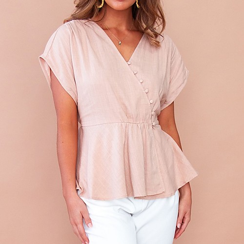 

Women's Solid Colored Pleated T-shirt Daily V Neck Blushing Pink