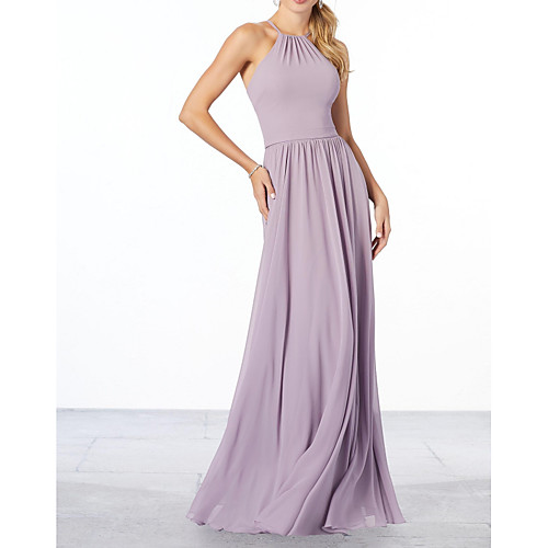 

Sheath / Column Halter Neck Floor Length Chiffon Bridesmaid Dress with Pleats / Ruffles / Open Back