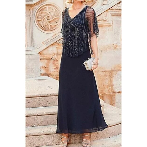 

Elegant A-Line Mother Of The Bride Dress Chiffon V Neck Beading Short Sleeves Ankle Length Wedding Guest Outfits With Wrap 2020