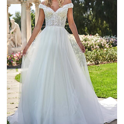 

A-Line Wedding Dresses Off Shoulder Sweep / Brush Train Lace Tulle Cap Sleeve Country Plus Size with Lace Embroidery 2020