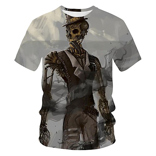 

Men's Going out Club Street chic / Exaggerated T-shirt - 3D / Skull / Tribal Print Gray