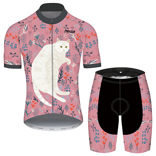 

21Grams Men's Short Sleeve Cycling Jersey with Shorts Pink / Black Cat Animal Floral Botanical Bike Clothing Suit UV Resistant Breathable 3D Pad Quick Dry Sweat-wicking Sports Cat Mountain Bike MTB