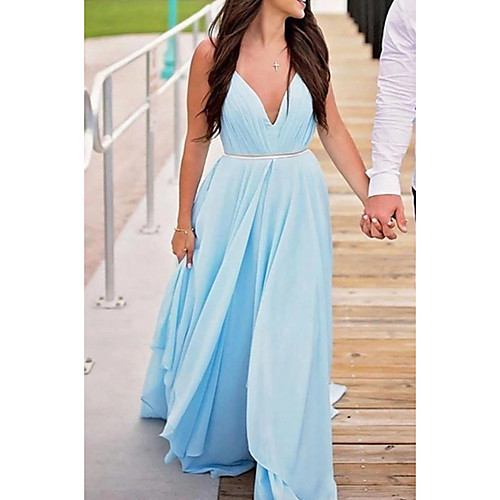 

A-Line Minimalist Blue Engagement Prom Dress V Neck Sleeveless Court Train Chiffon with Pleats 2020