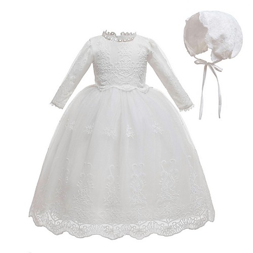 

Ball Gown Floor Length First Communion Christening Gowns - Polyester Long Sleeve Jewel Neck with Lace / Bow(s)
