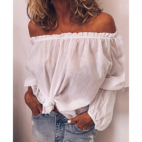 

Women's Solid Colored Ruffle Pleated Loose T-shirt - Cotton Daily Off Shoulder White / Black / Gray