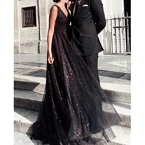 

A-Line V Neck Floor Length Tulle Sparkle / Black Party Wear / Formal Evening Dress with Pleats / Sequin 2020
