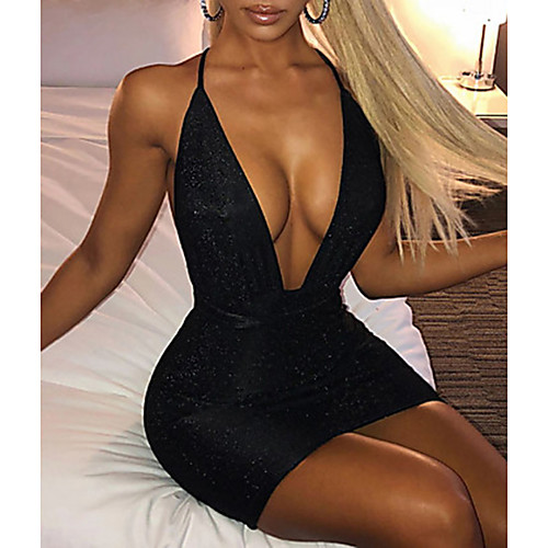 

Women's Mini Blushing Pink Black Dress Sexy Sheath Solid Color Strap S M Slim