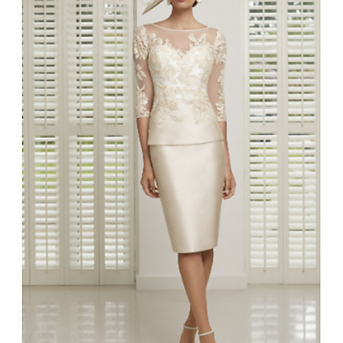 

Sheath / Column Illusion Neck Knee Length Satin / Tulle 3/4 Length Sleeve Elegant / Sexy Mother of the Bride Dress with Appliques Mother's Day 2020