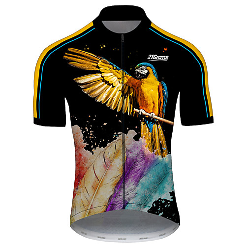 

21Grams Men's Short Sleeve Cycling Jersey Black / Yellow Animal Feather Parrot Bike Jersey Top Mountain Bike MTB Road Bike Cycling UV Resistant Breathable Quick Dry Sports Clothing Apparel / Stretchy